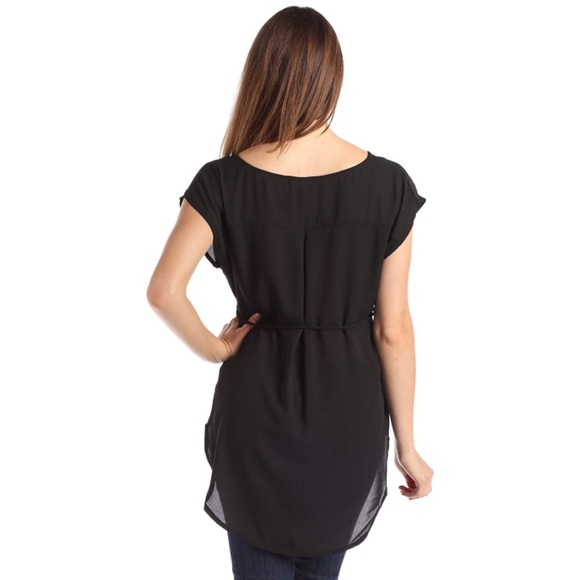 High Low Cap Sleeve Tie Waist Blouse Black - Picture 2 of 2